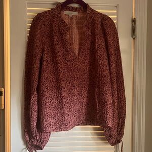 LOFT Mauve Floral Split-Neck Tie-Sleeve Blouse